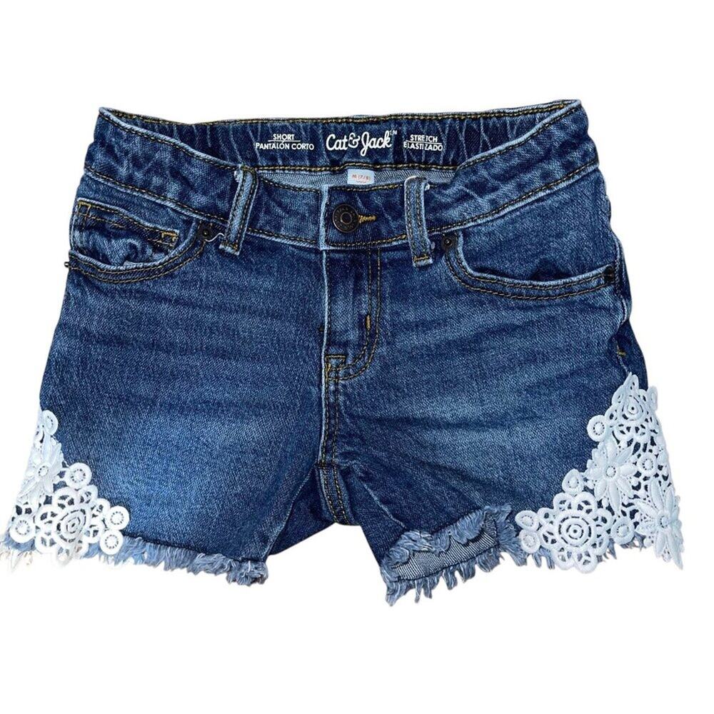 Cat & Jack Girls 7/8 Shorts Denim Summer Travel Vacation Resort Lace Floral